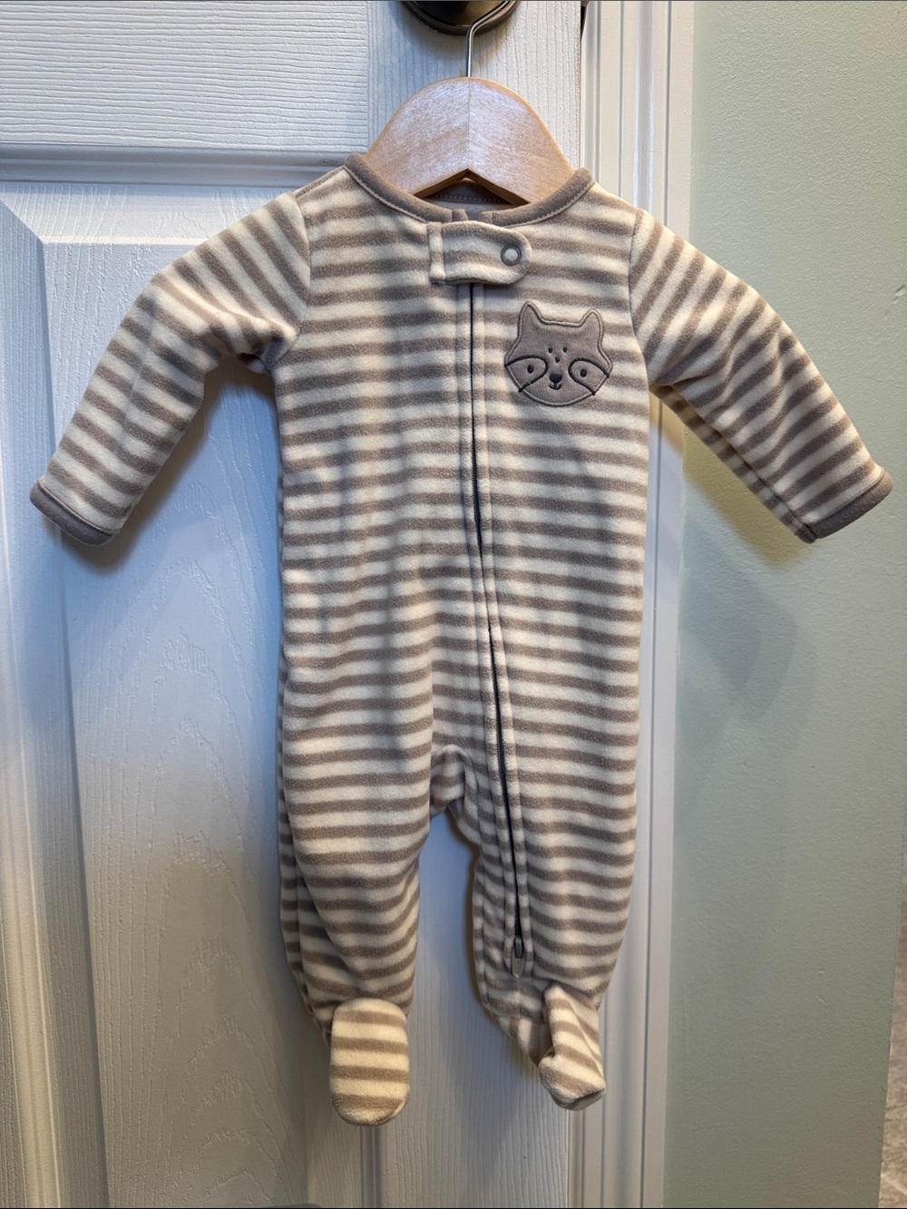Carter's Striped Cream and Gray Footed One-Piece with Raccoon Patch